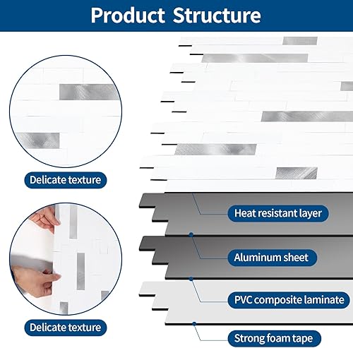 Miniatura 7 de Yipscazo Loseta en muro, de metal y piedra, para despegar y pegar, adhesiva, para cocina, baño, lavandería, cámper y chimenea (12 x 12 pulgadas, 20