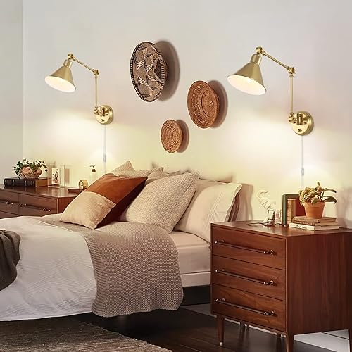 Miniatura 6 de TRLIFE - Apliques de pared enchufables, apliques de pared atenuables de latón cepillado con brazo oscilante, lámparas de pared enchufables, luz