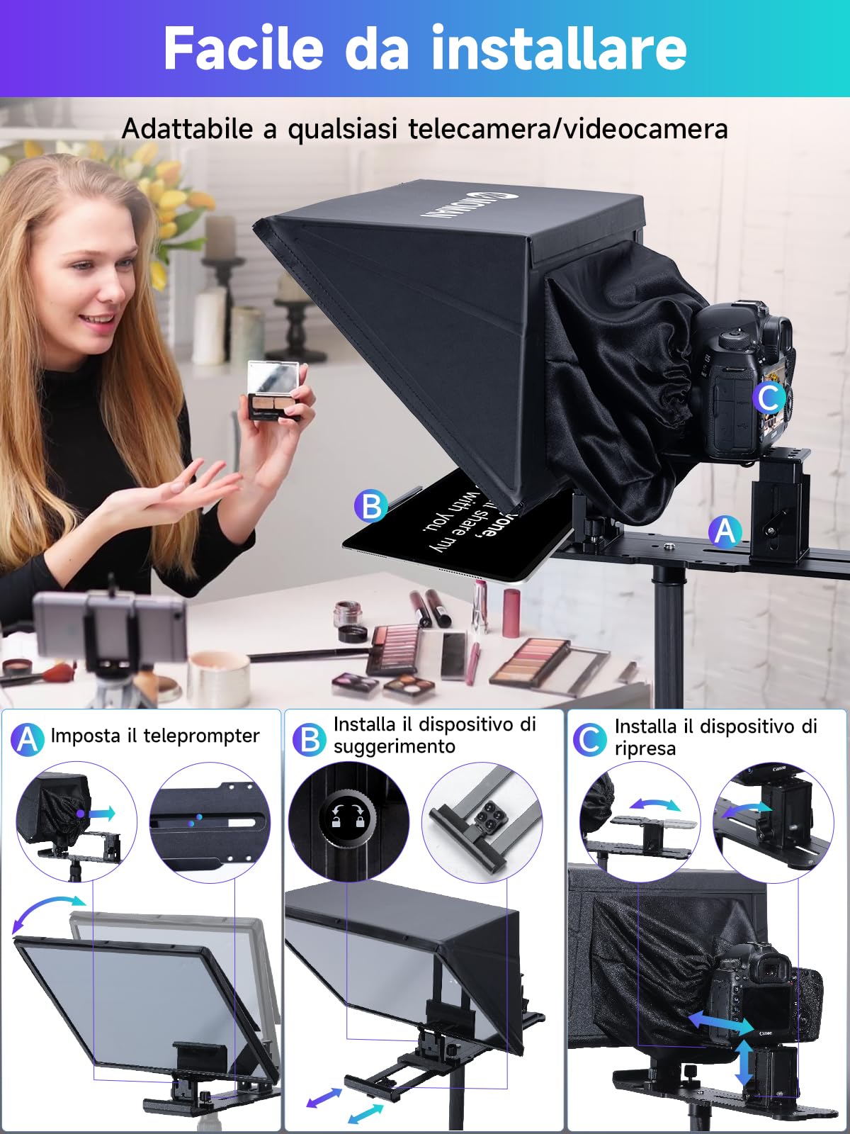 Teleprompter, Moman MT16 Prompter 16 pollici, compatibile con iPad/tablet/smartphone con app e registrazione remota di fotocamere DSLR, videocamere, teleprompter video/tablet