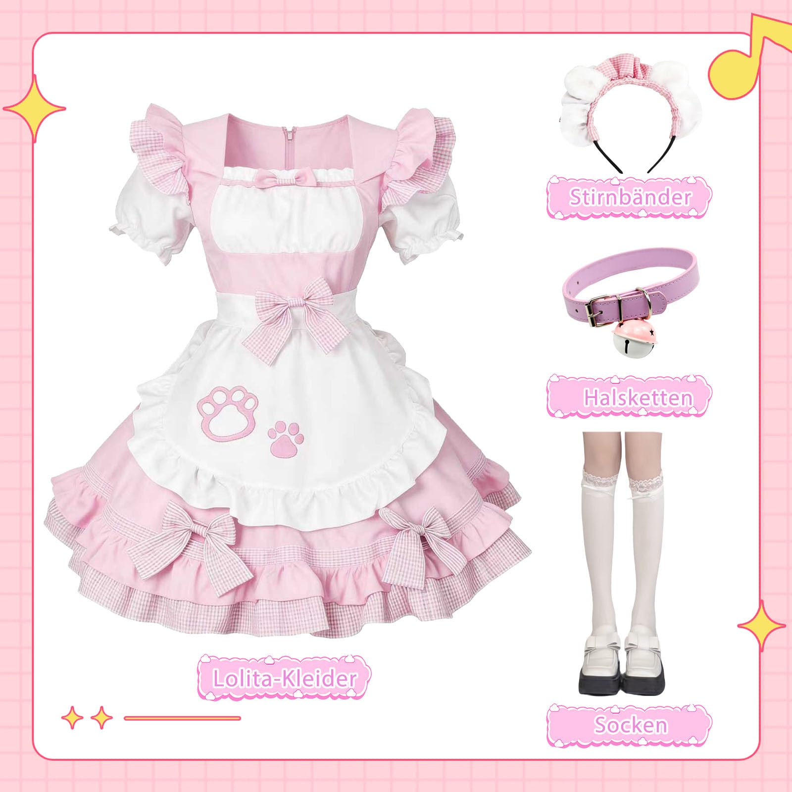 Maid Outfit Déguisement Lolita Cosplay Anime Outfit French Maid avec Oreilles de Chat Collier Cloche Chaussettes Costume de Soubrette Chat pour Halloween Carnaval Fête Cosplay Noël
