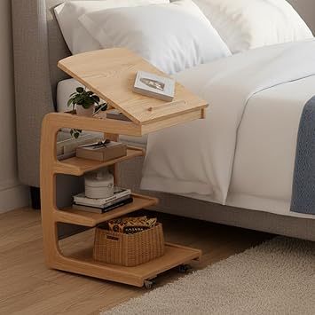 15.7in Rubberwood Table with Wheels, 360 Lockable Casters Rolling Side Table, Multi-Position Adjustable Top, Rolling Bedside Table, Sofa & Laptop Desk Easter Gift