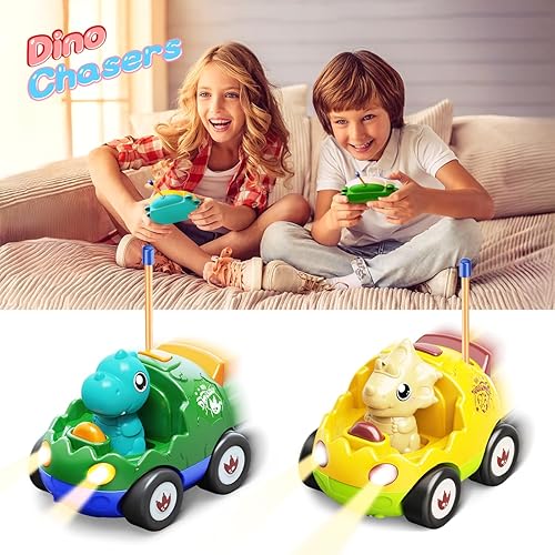 Miniatura 4 de Paquete de 2 autos a control remoto para niños de 2, 3, 4, 5 años, juguetes de dinosaurios para niños pequeños con música, luces y efecto de sonido,