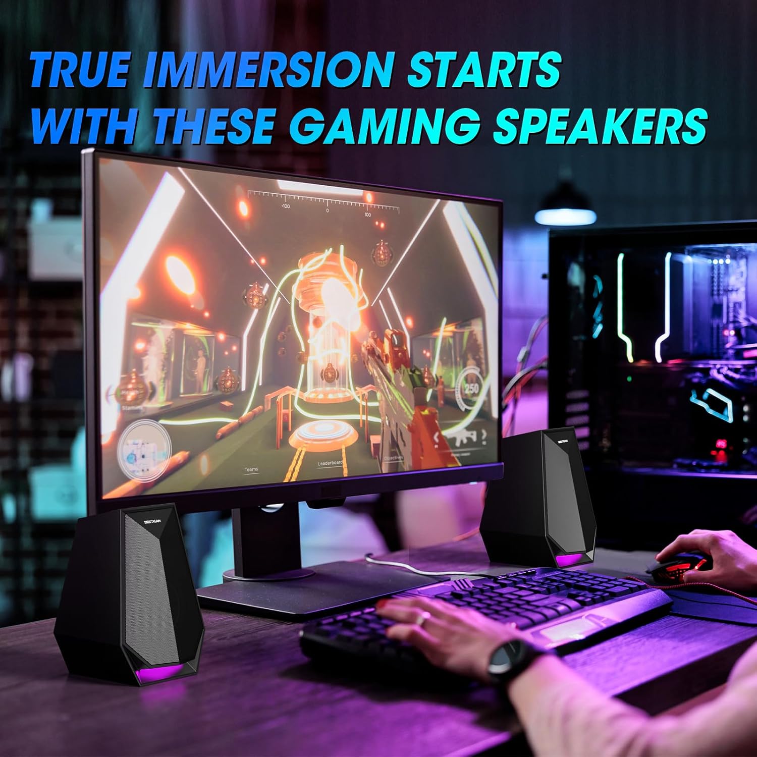 BESTISAN Computer Gaming Speakers for Desktop PC - 30W Powered Monitor Speakers with Bluetooth/AUX/Type-C Connections, 6 Colorful Lights, Compatible with Monitor, Gaming Setup & Laptop - Image 2