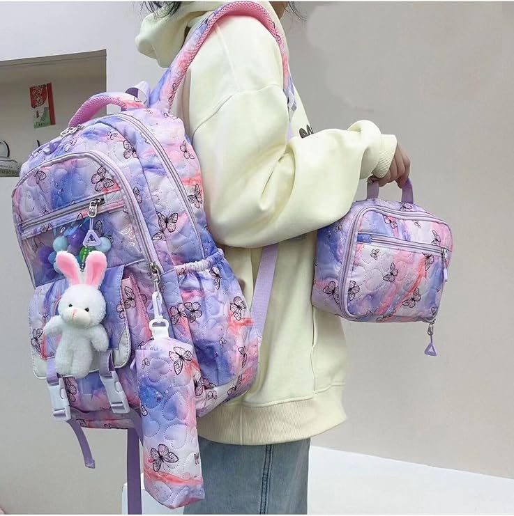 Yeni Kore Tarzı Ayıcıklı 3'lü Okul Sırt Çantası Seti, Mor, Unisex
