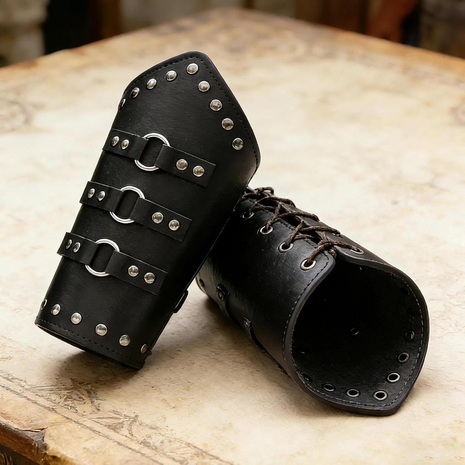 SQYBR Medieval Leather Bracers Pirate Gauntlets Lacing Up Arm Guards Adjustable Faux Leather Wrist Armor