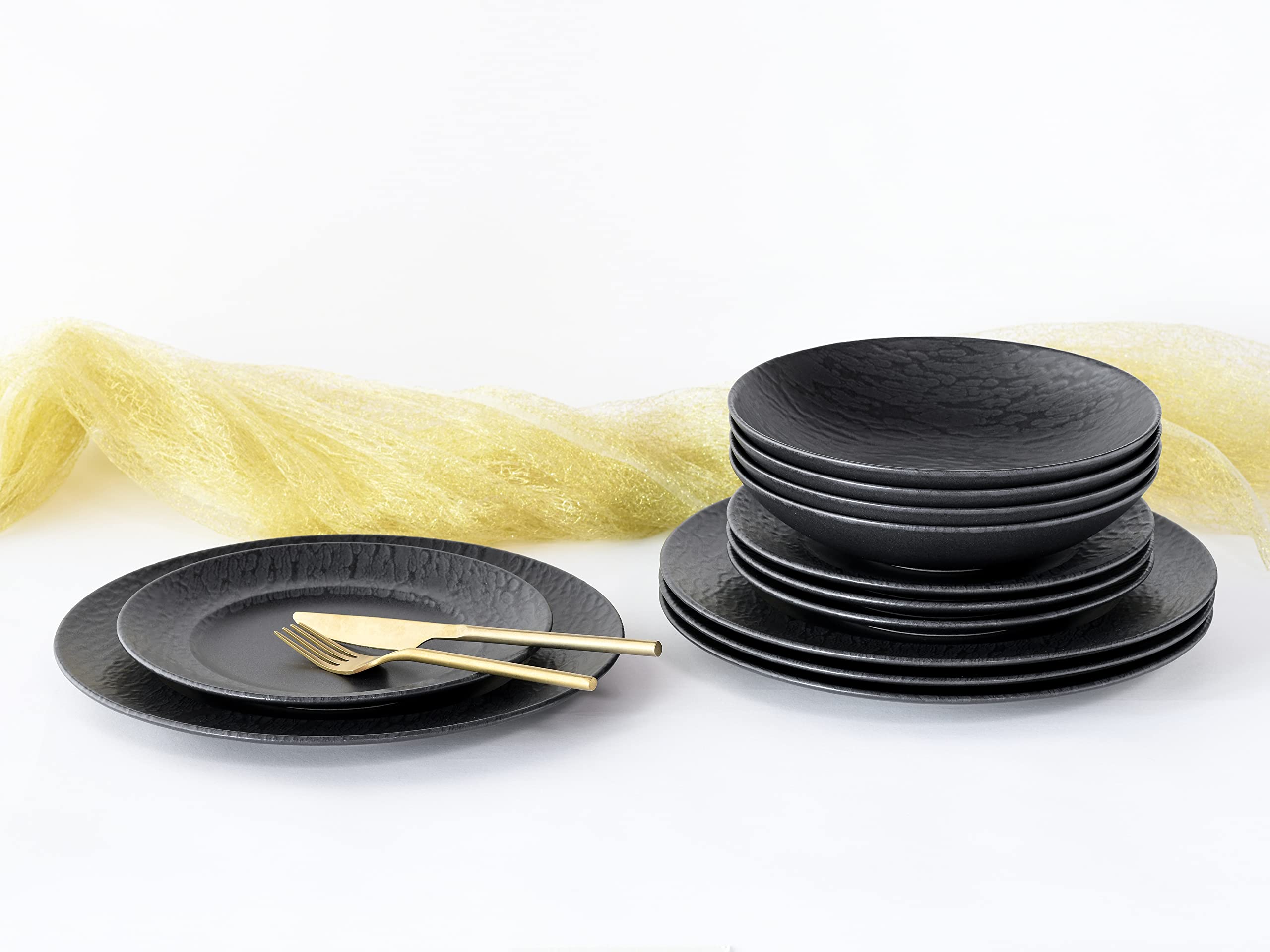 Creatable, 33320, Serie Rondo SCHIEFER black, 12-teiliges Geschirrset, Teller Set aus Steinzeug, spülmaschinen- und mikrowellengeeignet, Made in Portugal