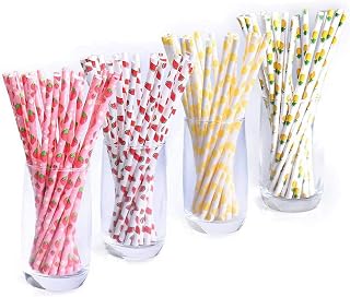 Disposable Paper Straws Fruit Patterned Biodegradable Drinking Paper Straws, Birthday,Baby Showers,Decorations, 100pcs