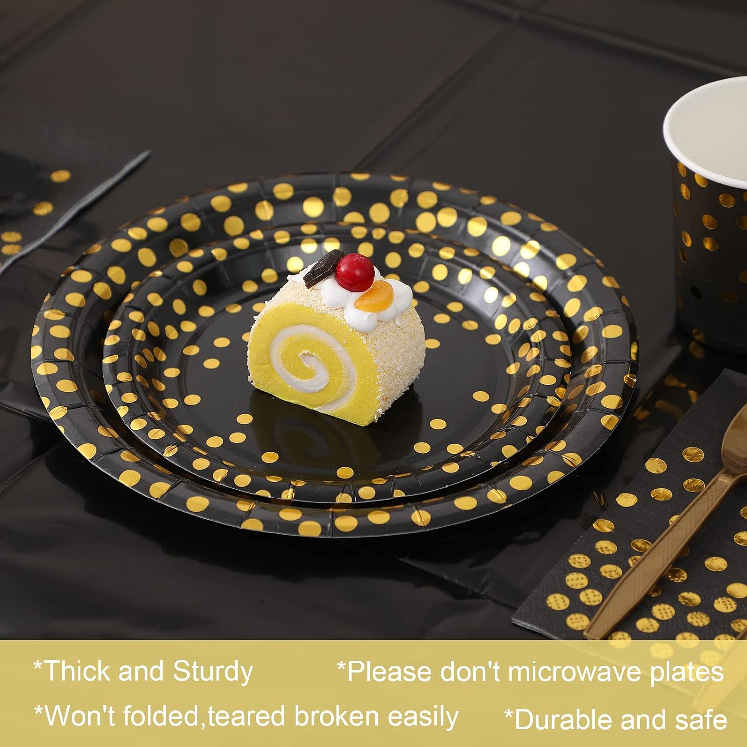 Birthdayparties Round Disposable Paper Plates for All Occasions Golden Dots Paper Plates - 100 Pack - 50 x 9 and 50 x 7 Foil Polka Dots Disposable Black and Gold Party Supplies