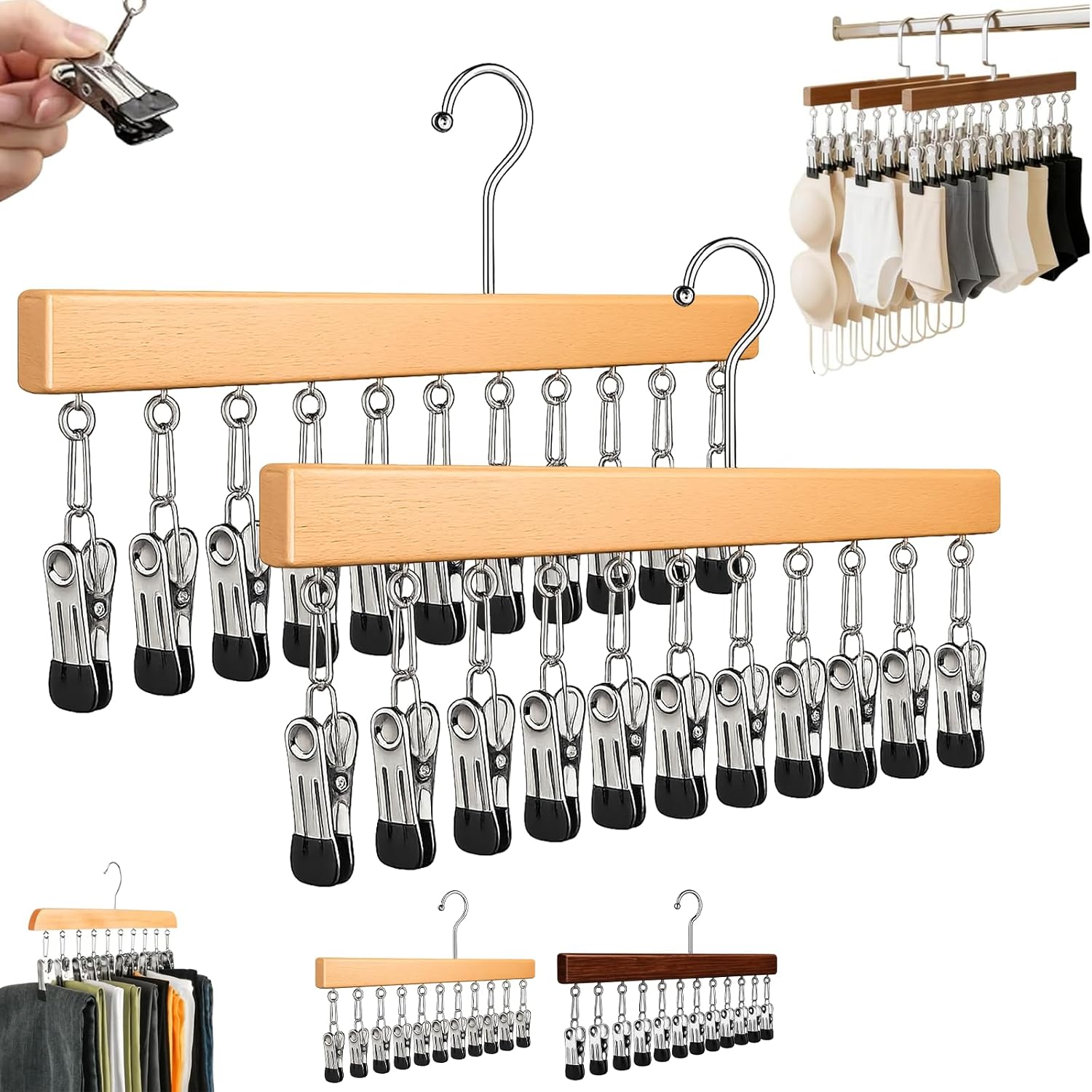 Wood Rotating Closet Organizer - Vertical Space Saving Hanging Hangers Storage Wrinkle-Free Storage with 12 Clips 360° Rotating Clothes Pins for Jeans Skirts Pant Tank Top Scarf Hat Hanger (2Pcs B)