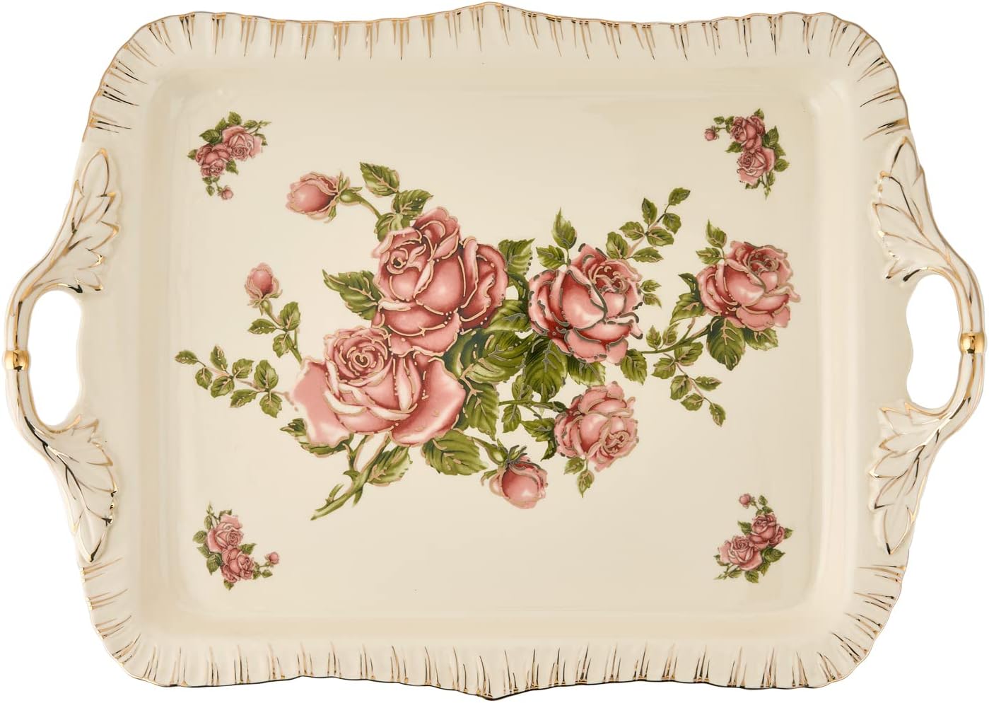 YOLIFE Ivory Serving Tray, Ceramic Floral and Gold Leaves Decorative Platter for Tea Party 15 X 11 inch (Pink Rose)