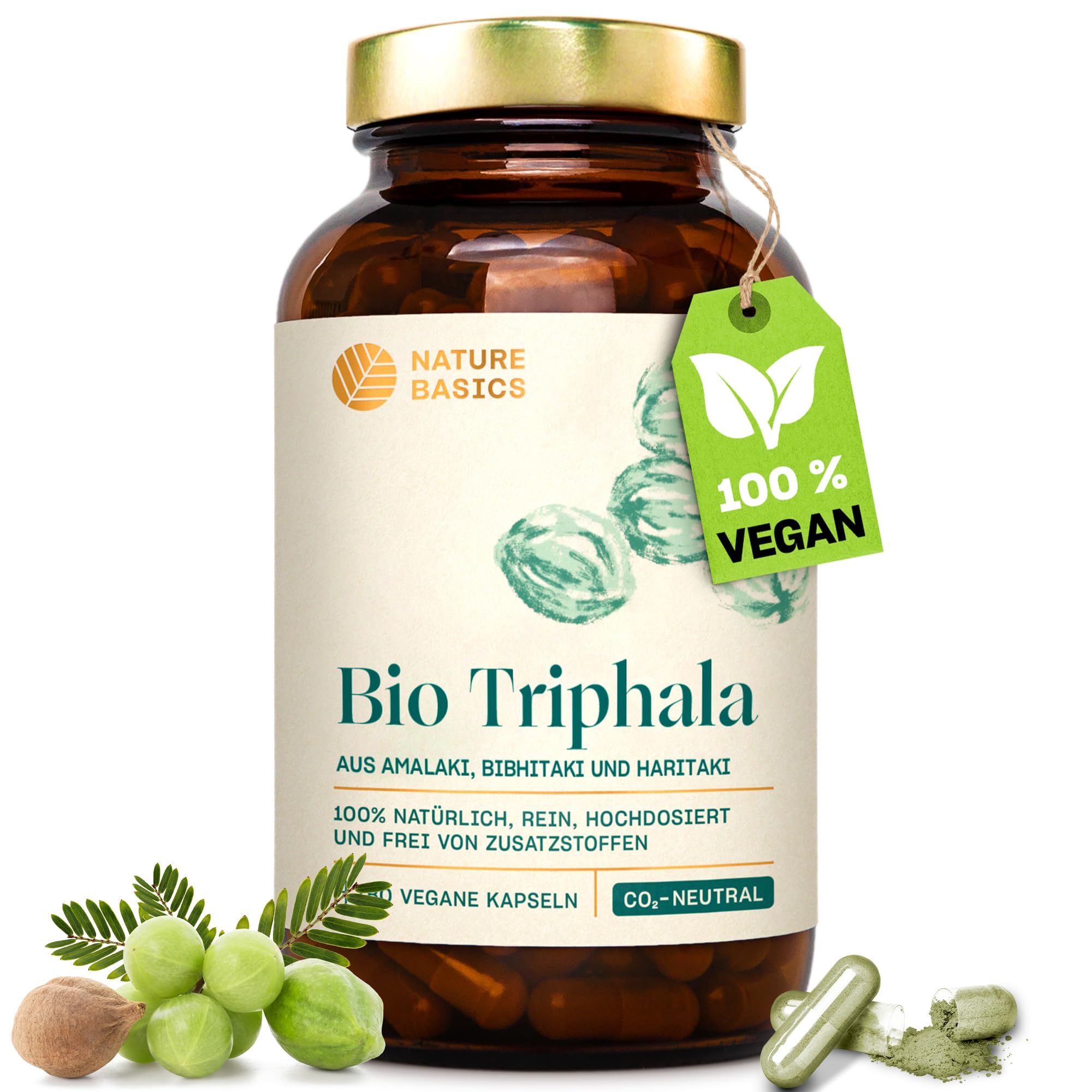 Bio Triphala - 180 Kapseln hochdosiert / 1500 mg Triphala Pulver pro Tagesdosis/Hochwertige Ayurveda Nahrungsergänzung/Vegan, Zertifiziert & Nachhaltig im Glas