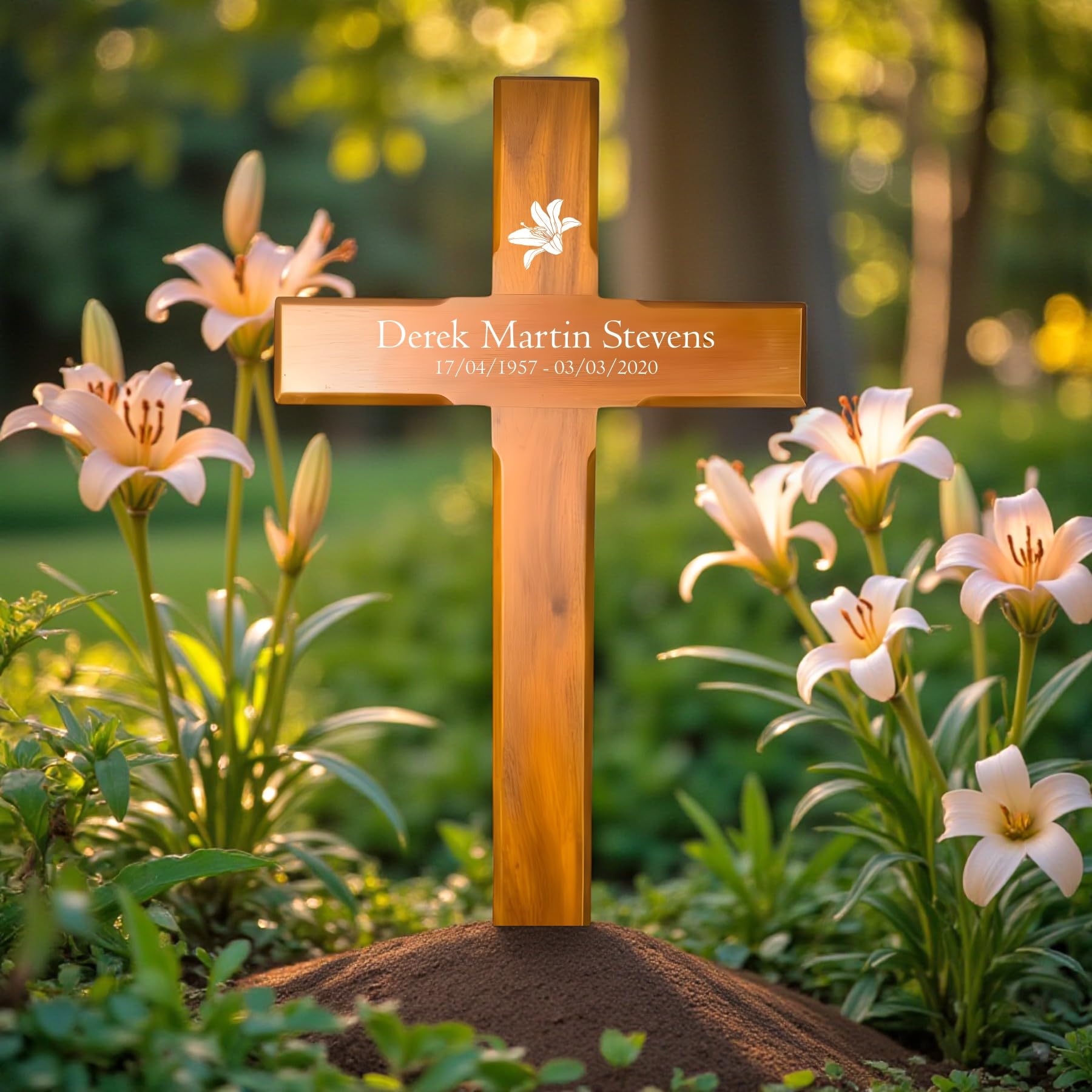 Personalised Mahogany Memorial Cross, Lily – Durable Wooden Grave Marker for Outdoor Use