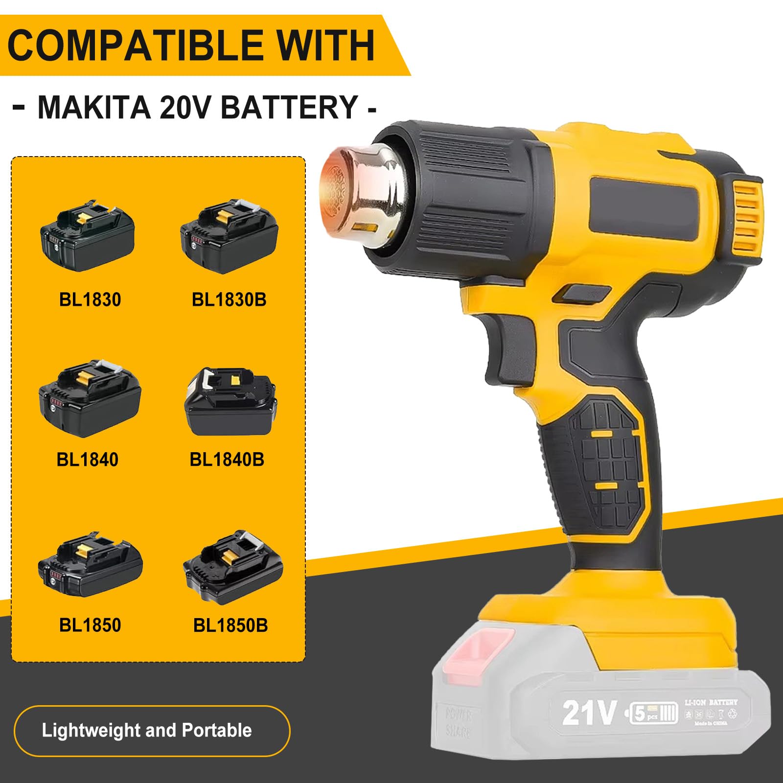 Pistola de calor inalámbrica para batería Makita de 18 V, con pantalla LCD, pistola de calor para soldar, doblar tubos, eliminación de pintura, pistola de calor, máx. 550 °C, con 5 boquillas (sin