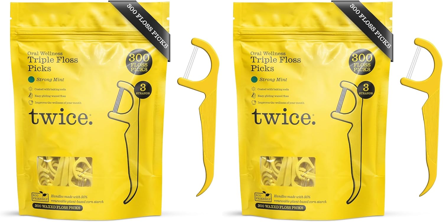 Twice 3-Strand Floss Picks – Dual Action Flosser & Toothpick, Wax-Coated Floss & Eco-Friendly Cornstarch Handles, Vegan, Shred Resistant, Strong Mint, 300 Ct (Pack of 2)