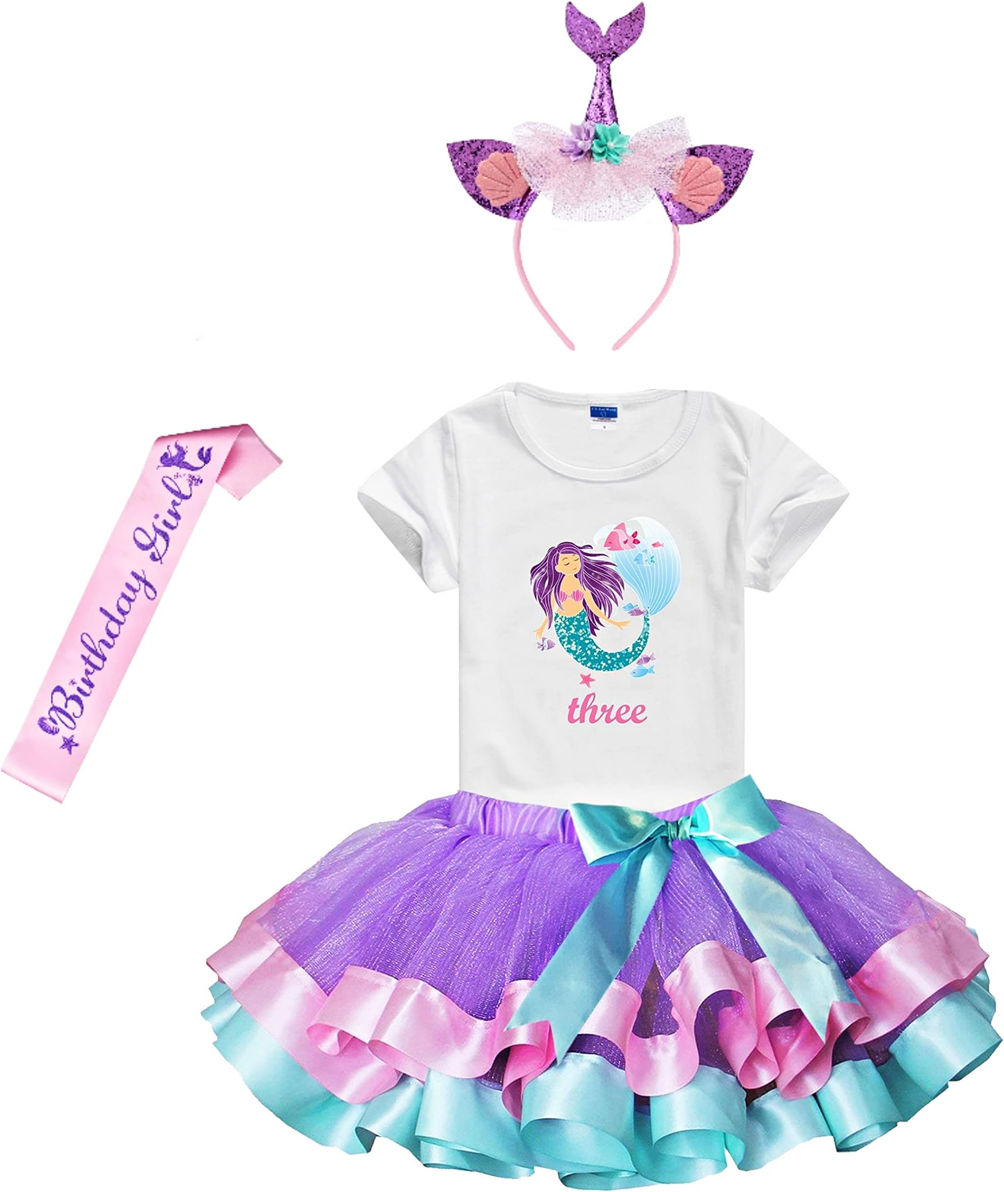 Girls Lavender Tutu Dress with Mermaid Birthday Tshirt & Headband, 3-8 Years (Three Years)