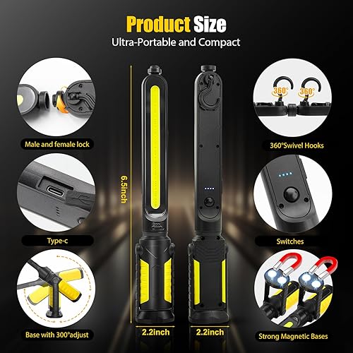 Vista 16 de SYLSTAR Luz de trabajo para mecánico, LED de 2400 lúmenes, 4400 mAh recargable, magnética, luz de trabajo debajo del capó con ganchos para Verde