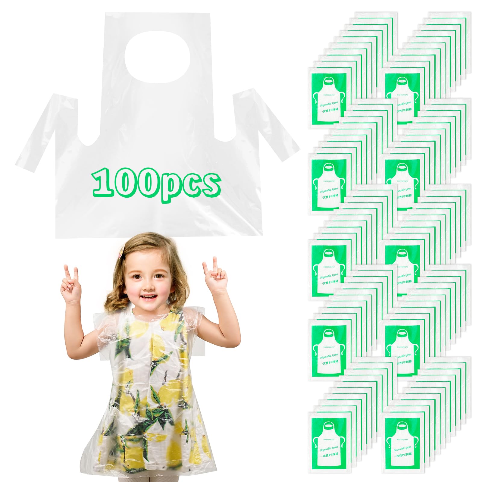 CMANLNYK 100Pcs Disposable Kids Aprons - Transparent Perfect for Creative Painting, Cooking, Eating, Teaching, Picnic, DIY Crafts - Plastic Aprons for Children