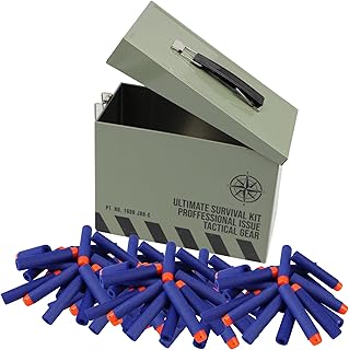 Tactipro Refill foam darts compatible with Nerf guns. Includes a tactical toy box Survival storage for Nerf Bullets, other nerf accessories Army Toys or as an awesome tin lunch box for kids. 100 Darts