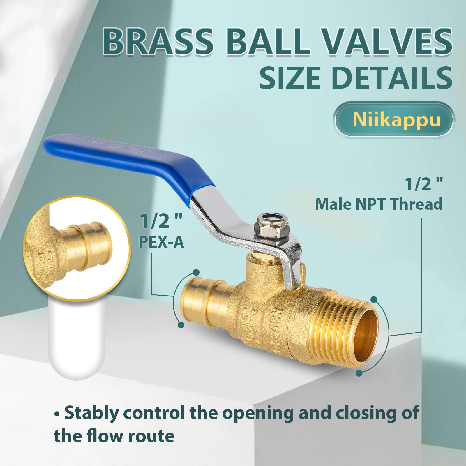 5 válvulas de bola azules, válvula de cierre MNPT de 1/2 pulgada Pex A x 1/2 pulgada, válvula de bola de cierre de expansión Pex de puerto completo para agua, aire, línea de combustible, tubo