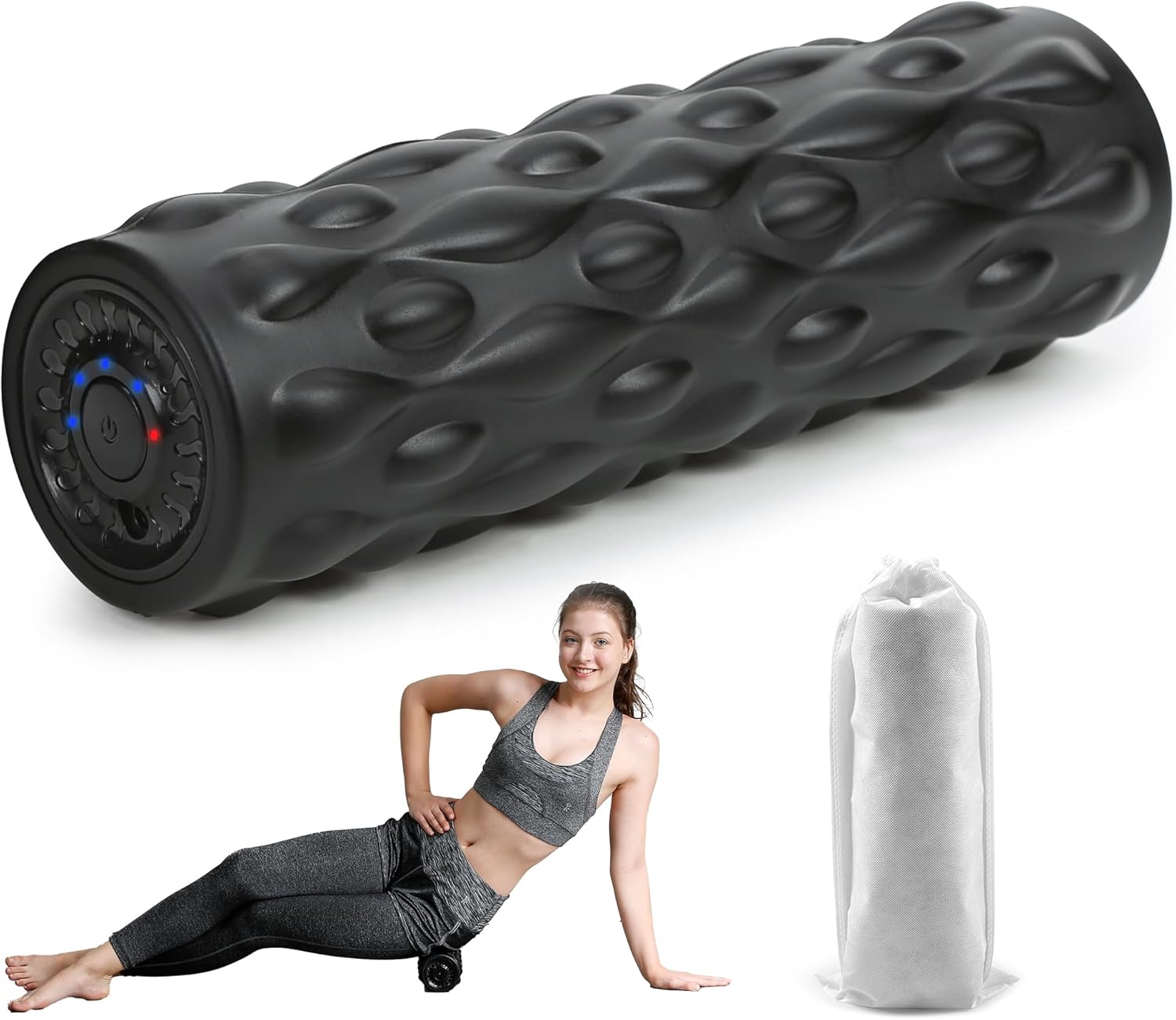 High-Density Vibrating Foam Roller Blue with 4 Customizable Speeds for Deep Tissue Massage, Muscle Recovery and Pain Relief -Rechargeable with Portable Bag