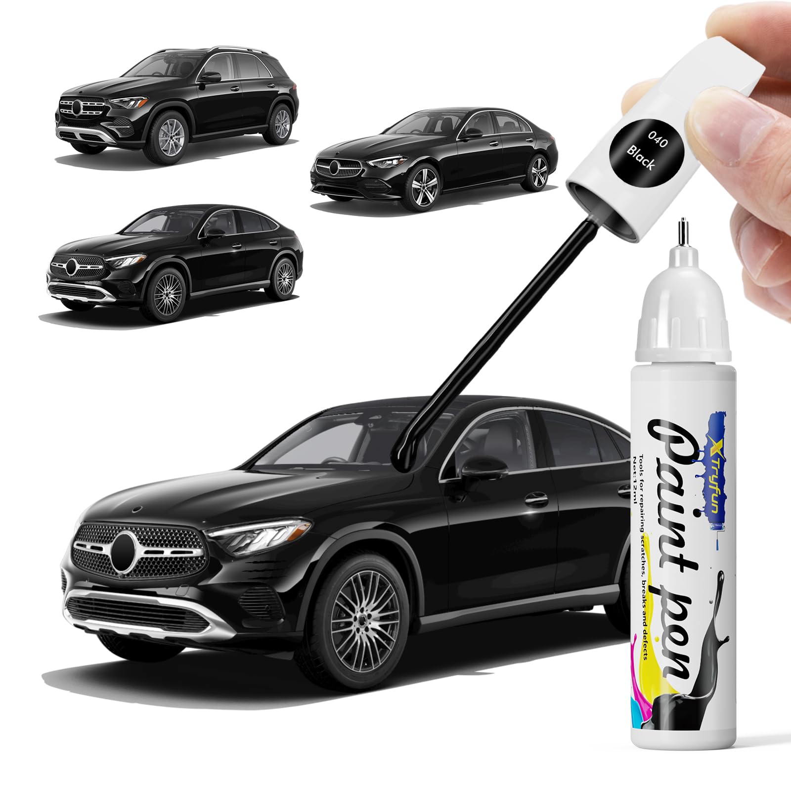XTryfun 040 Black Touch Up Paint Compatible with Mercedes Benz, DIY Car Paint Scratch Repair, Quick & Easy Fix Automotive Scratch Repair for A/B/AMG/C