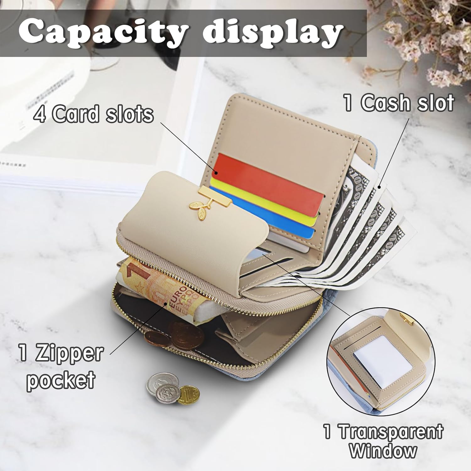 Bifold Womens Wallet, Leaf Snap Card Holder Wallet Cute Small Wallets for Women with Zipper Coin Pocket ID Window (Blue) - Image 3