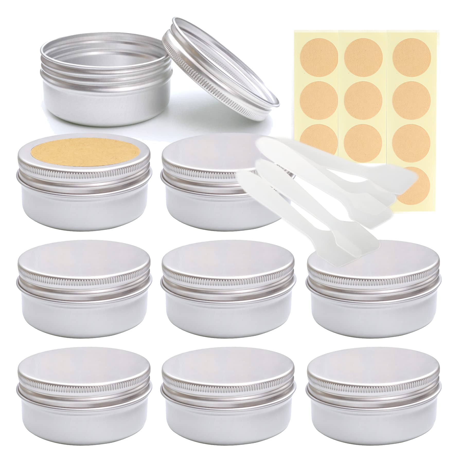 LusDoly Pack of 10 Empty 50ml Silver Aluminium Tins with Lids - Ø57x28mm Travel Round Aluminum Screw Pots Cosmetic Cream Jars Container for Candle Lip Balm, Salve, with Labels & Spatulas