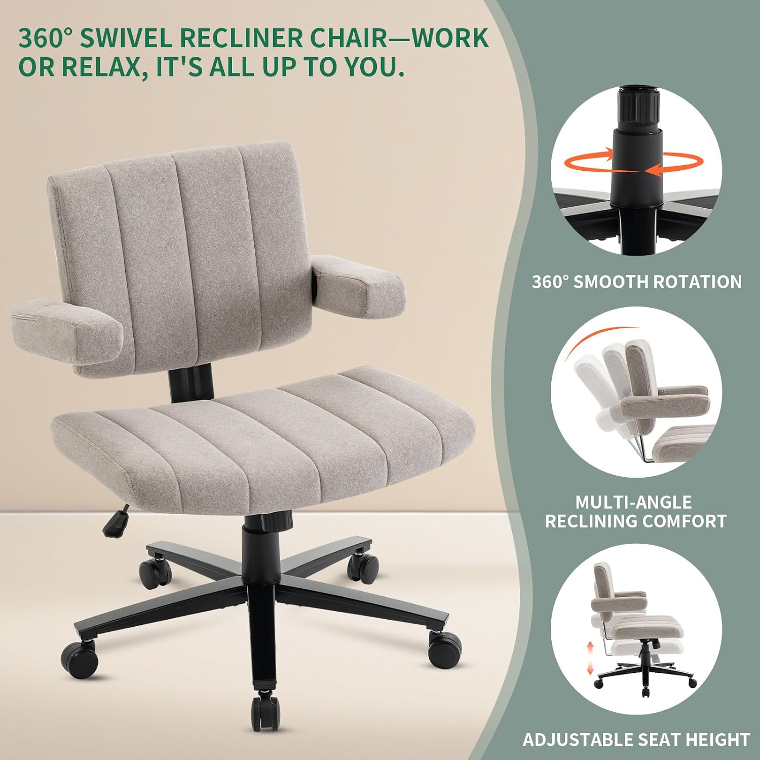 Vigosit Ergonomic Criss Cross Office Chair - Adjustable Desk Chair with Wide Armrests, Anti-Grip Fabric, 265lbs Capacity (Grey)