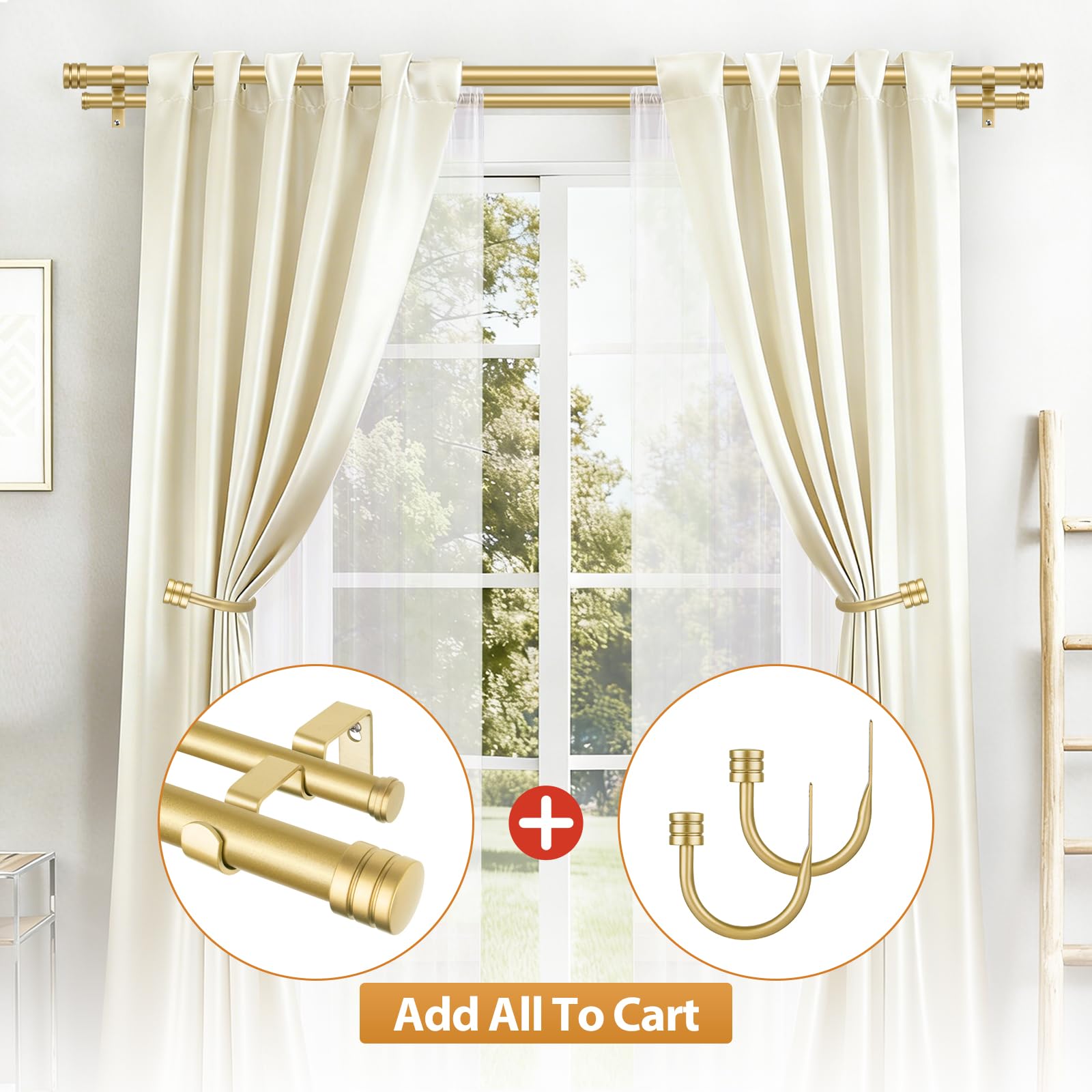 TONIAL Bastone per tende doppie da 1 pollici per finestre da 167 a 300 cm, resistente, decorativo, da 32 a 344 pollici, con terminale classico, oro