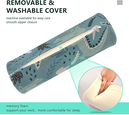 Miniatura 3 de JUNZAN Crocodiles and Leaves Handdrawn Blue Round Bolster Pillow Decorative Neck Roll Pillow Round Pillows for Sleeping for Neck Support Cylinder
