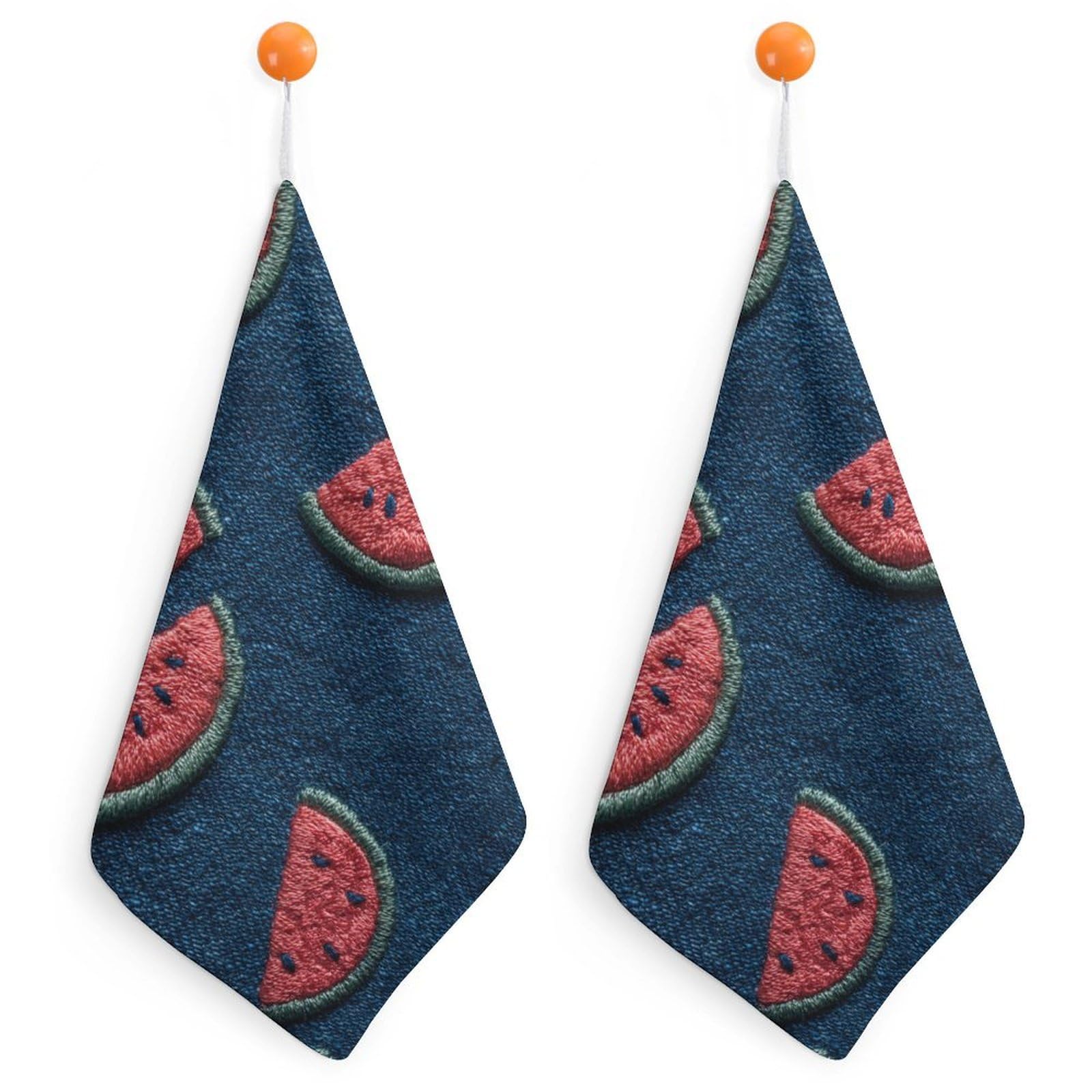Jubonexis Denim Fabric with Embroidered Watermelons Small Hand Towel with Hanging Loop 2 PCS Absorbent Soft Wash Cloth for Kitchen Bathroom