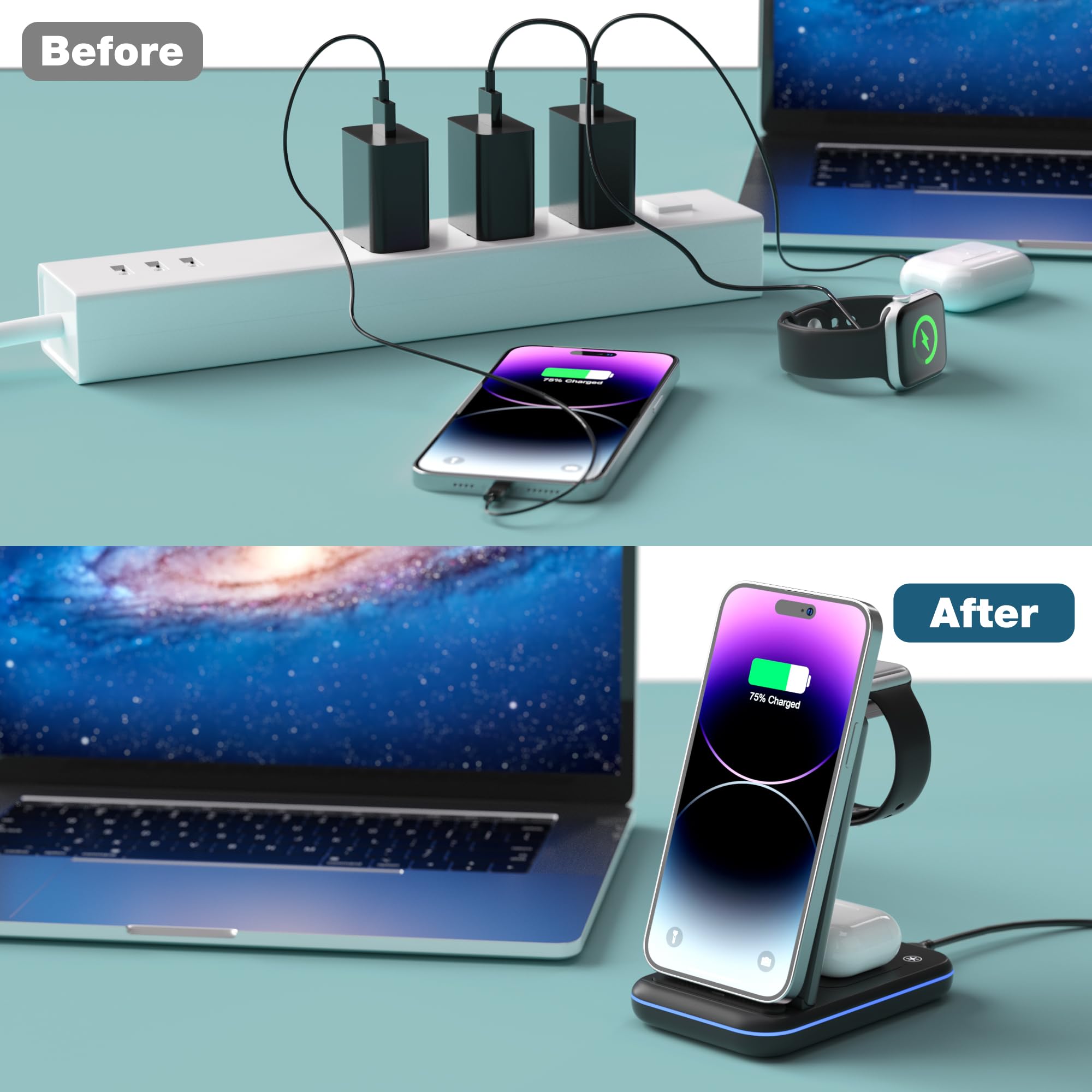 Caricabatterie wireless per iPhone/Samsung, pieghevole 3 in 1 stazione di ricarica veloce/supporto/caricatore multiplo per serie iPhone