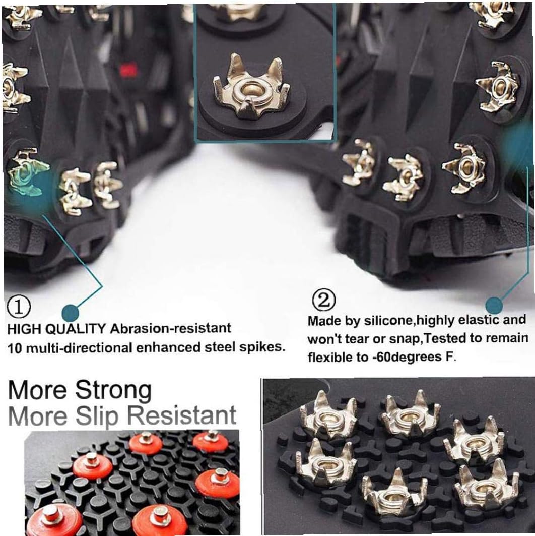 Crampons Ice Cleats Traction Anti-Slip Shoes Grips Shoes Cover Ice Spikes Hiking Boots Crampons with 10 Teeth Black M 1pair