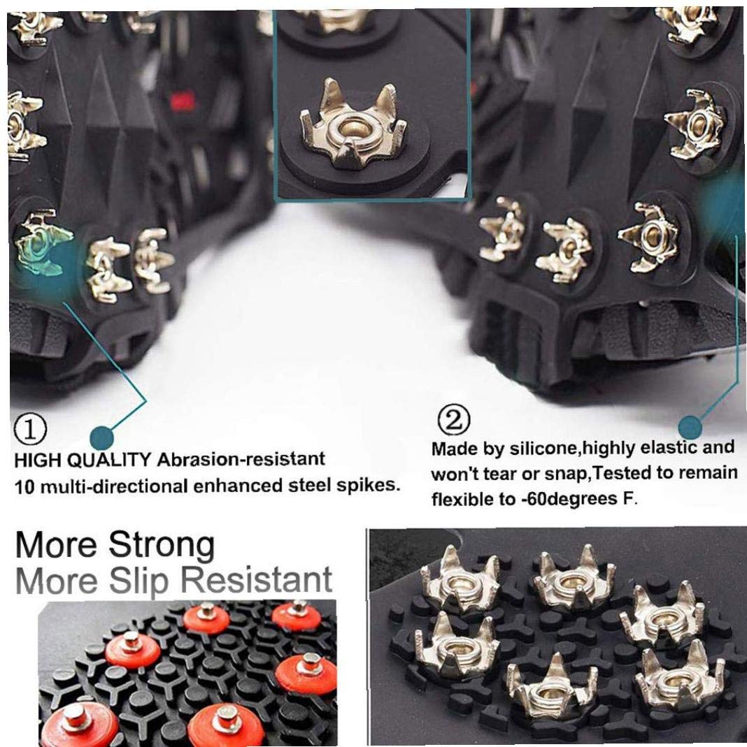 Crampons Crampons à Glace Traction Chaussures antidérapantes poignées Chaussures Couverture Crampons de Glace Bottes de randonnée Crampons avec 10 Dents Noir M 1 Paire