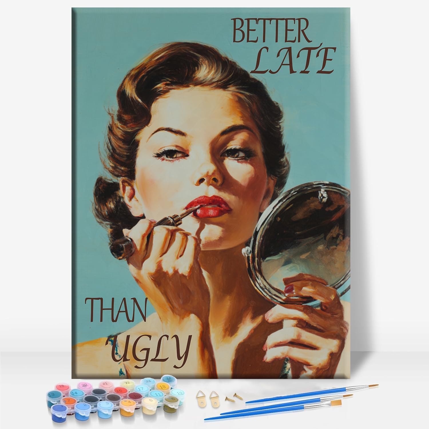 Aeontinity Better Late Than Ugly Slang Framed Canvas DIY Paint by Numbers Kit Bar Cafe Cave Home Room Wall Bathroom Porch Patio Decor Gift, 16 x 12 Inch