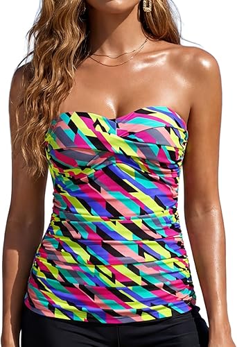 RELLECIGA Women's Neon Striped Ruched Bandeau Tankini Top Swimsuits Bathing Suit