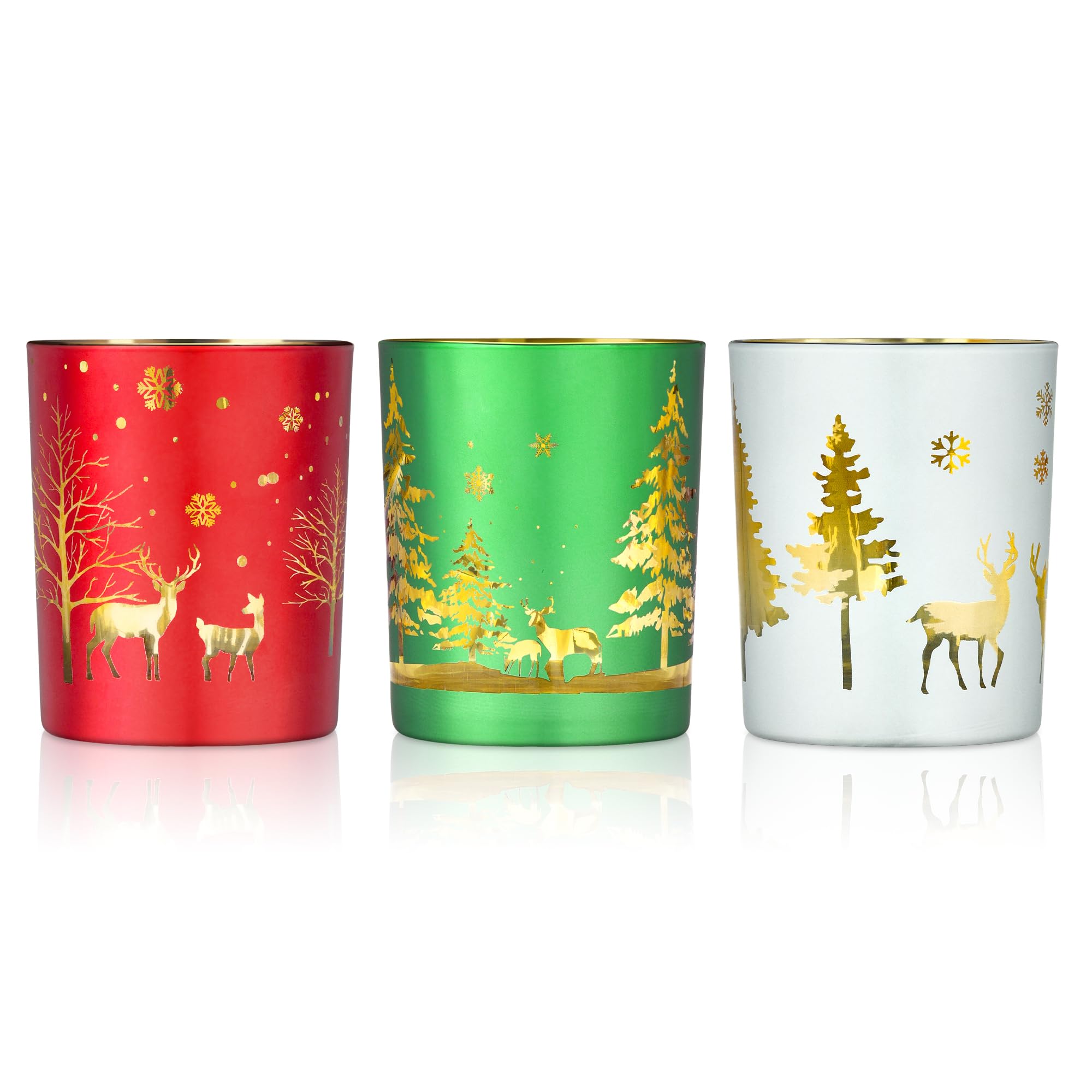 Joeyan Conjunto de 3 portavelas votivas navideños con patrón de venado, árbol y Copo de Nieve, portavelas de Cristal para Velas de té para Decorar Mesa, Chimenea y repisa en Navidad
