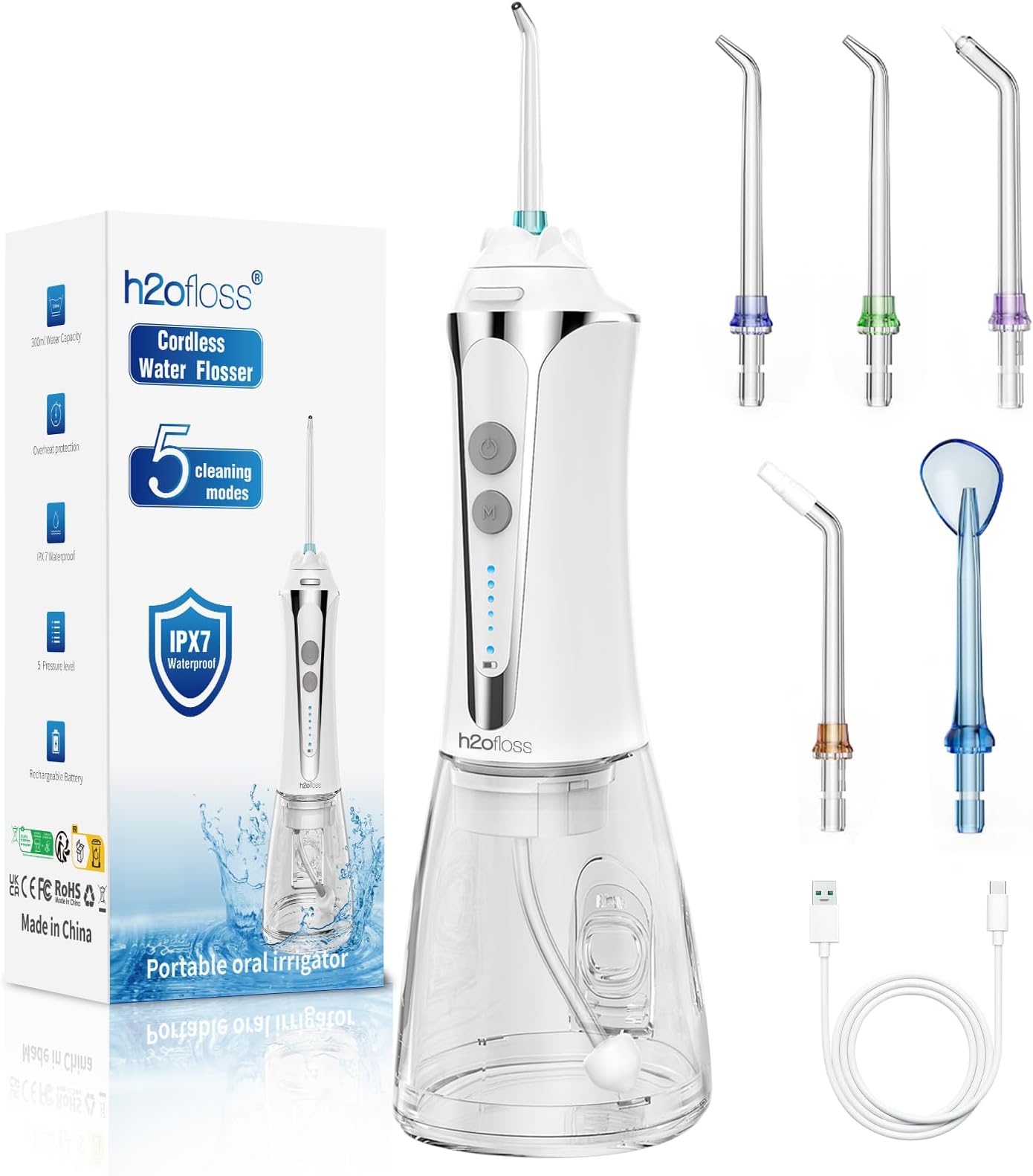 (white) - H2ofloss Cordless Water Flosser with 30 Days Battery Life, Premium Water Floss for Teeth, Portable Dental Flosser in 5 Modes, Gravity Ball for Upside Down Use, 300ml Water Tank