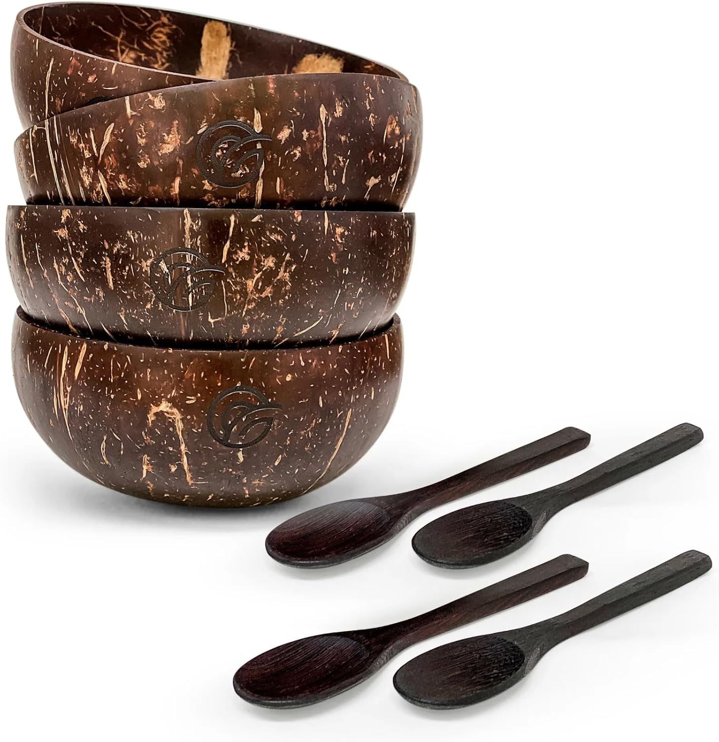 purpleclay Polished Coconut Bowls and Wooden Spoons - Set of 4