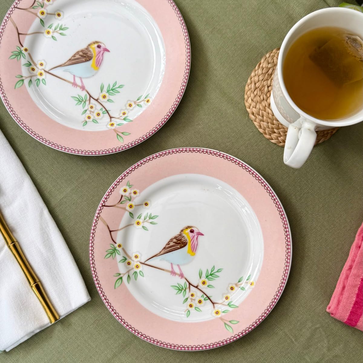 GOLDEN QUEEN'S Snack Plates Set of 4 | Perfect for Snacks, Desserts, Appetizers, Salads, Tapas, Cheese | 7 inches Wide | Microwave Safe (Birdie in Pink)