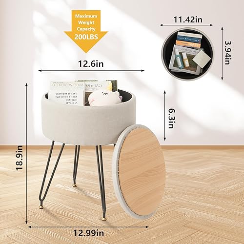 Miniatura 2 de Taburete de tocador con otomana de almacenamiento, silla de tocador de lino para sala de maquillaje, reposapiés redondo con 4 patas de metal y pies