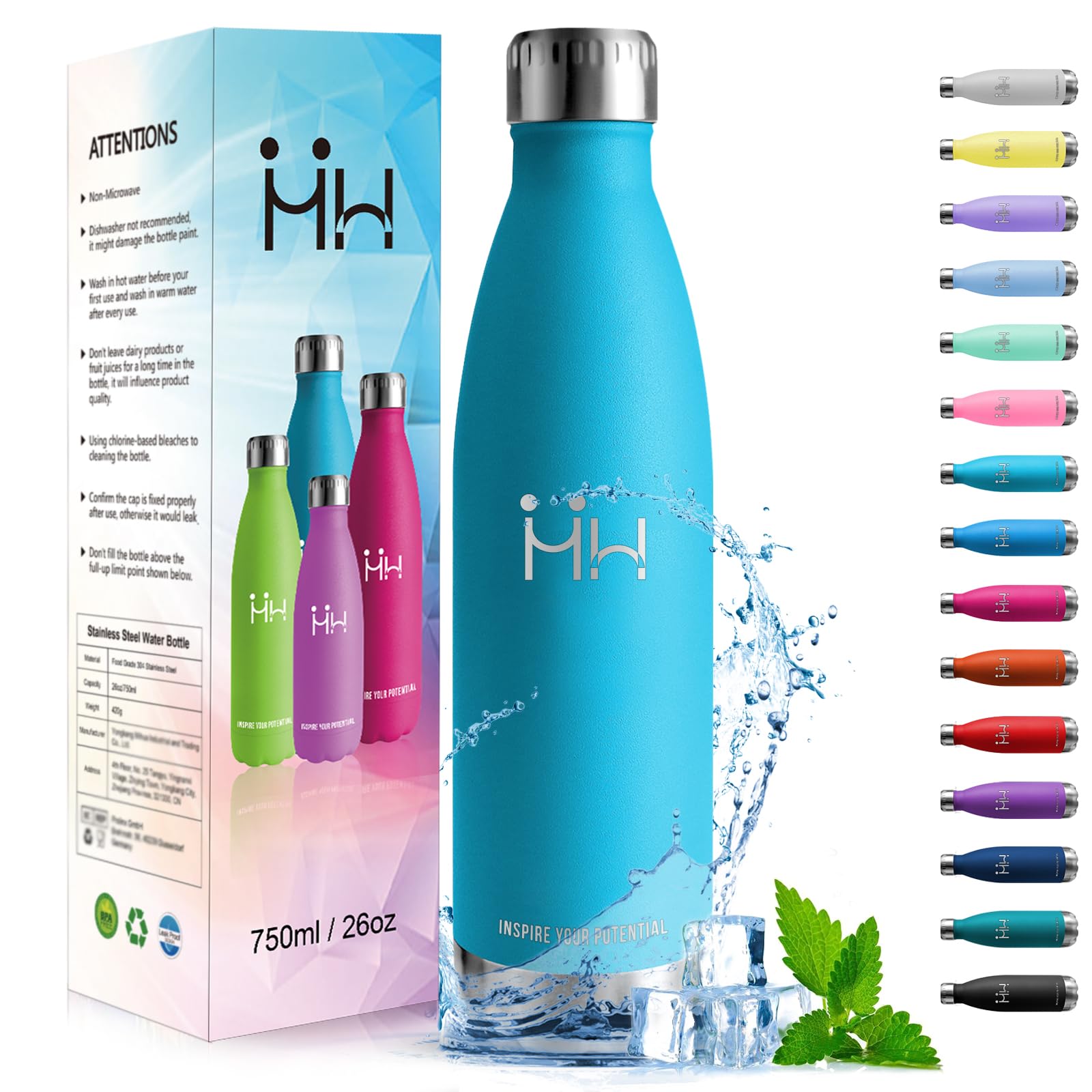 HoneyHolly 750ML Stainless Steel Double Wall Insulated Water Bottle, BPA-Free, Leak-Proof, Keeps Hot/Cold for 12/24 Hours, Perfect for Home, Gym, Travel, Car, Camping, Walking, School or Office