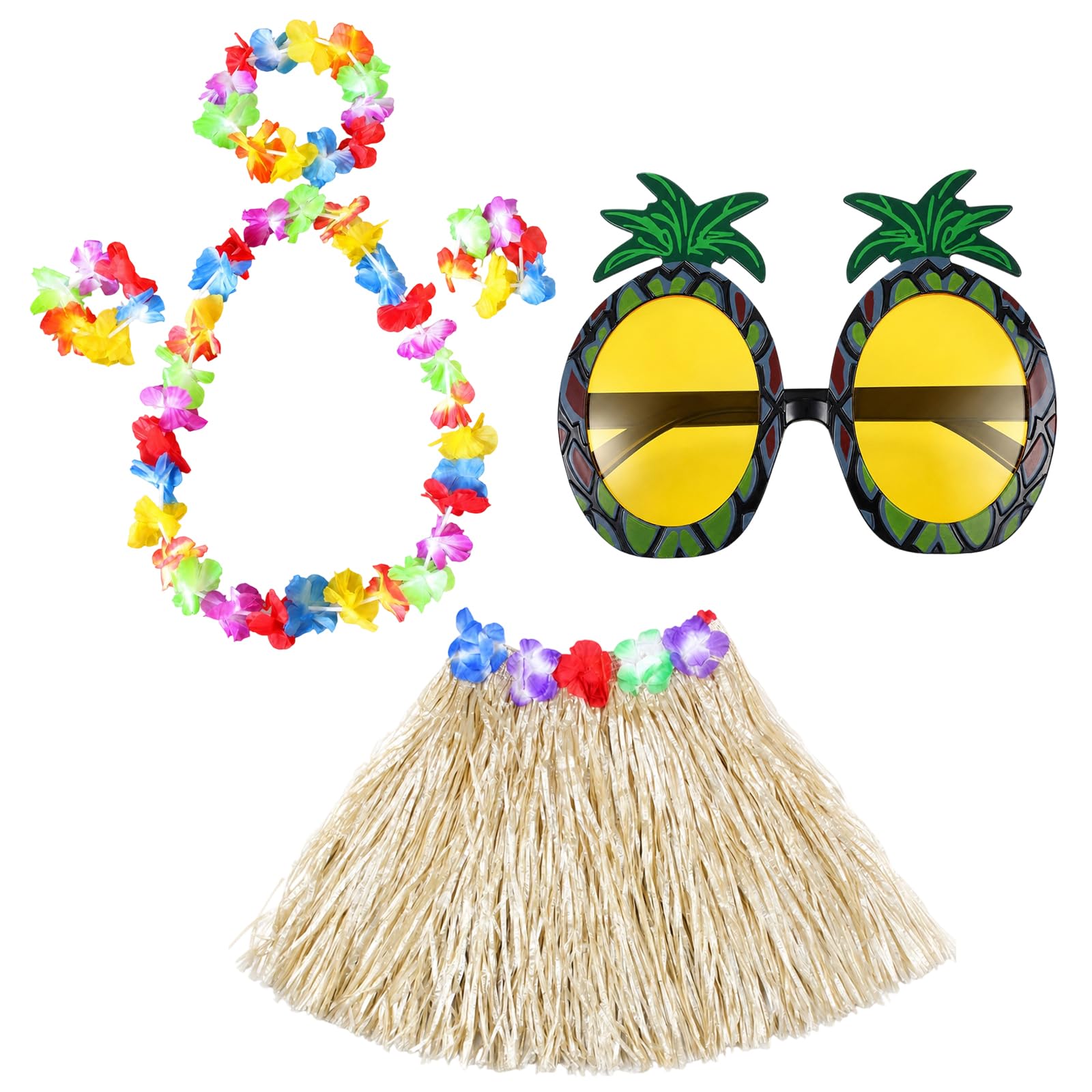 RJFUJP 6 Hawaiian Fancy Dress Set, Grass Skirts for Adults, Hula Skirt, Flower Leis and Sunglasses for Luau Events and Summer Celebrations