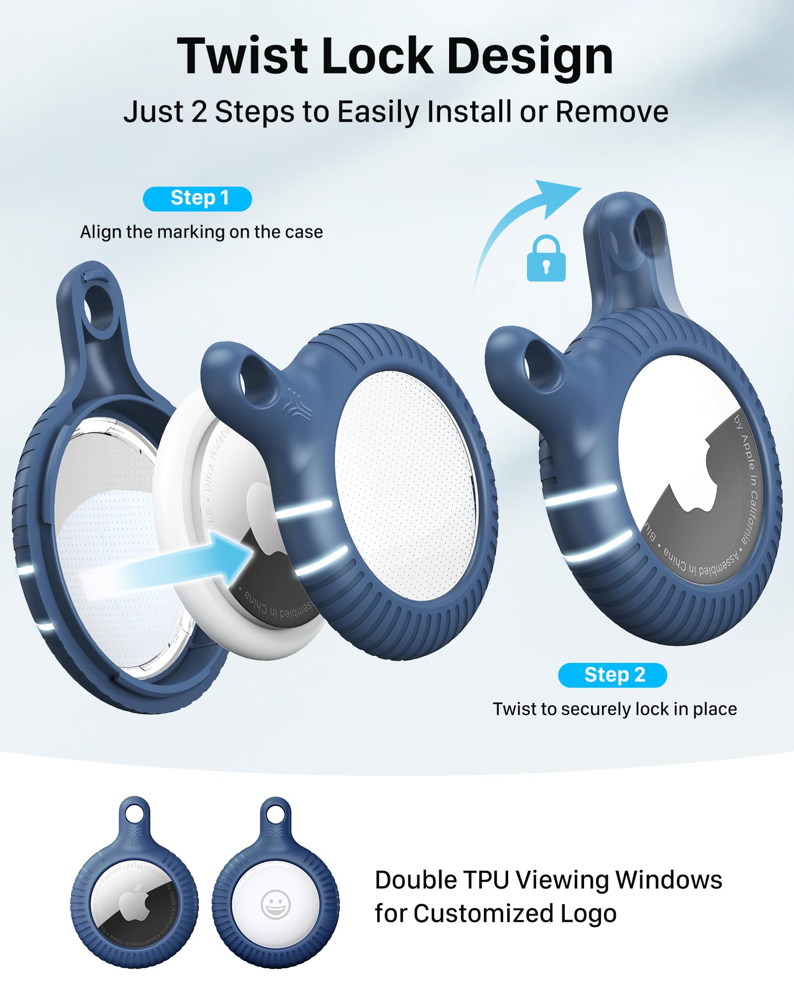 YOSH for Airtag Holder, Airtag Keyring [Twist Lock Design], Integrated Full Cover Anti-Scratch TPU Case 4 Packs, 30mm Metal Spring Keychain for Apple Air Tags 2021, Black & Dark Blue — view 2