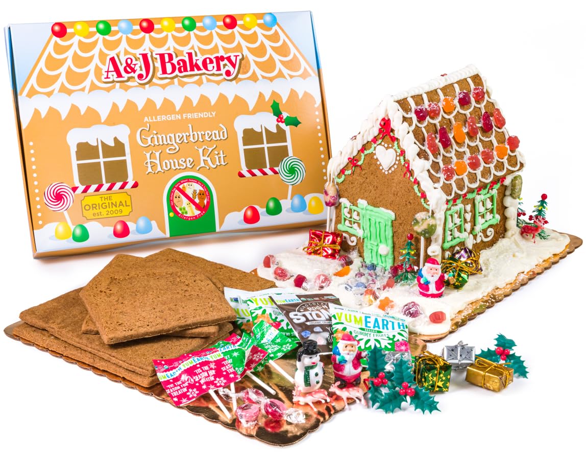 Vegan Allergen-Friendly Gluten-Free Cookie House Kit – 6 Pre-Baked Pieces, Display Board, Allergen-Free Candy, & Non-Edible Decorating Figures (Pack of 1, Gingerbread)