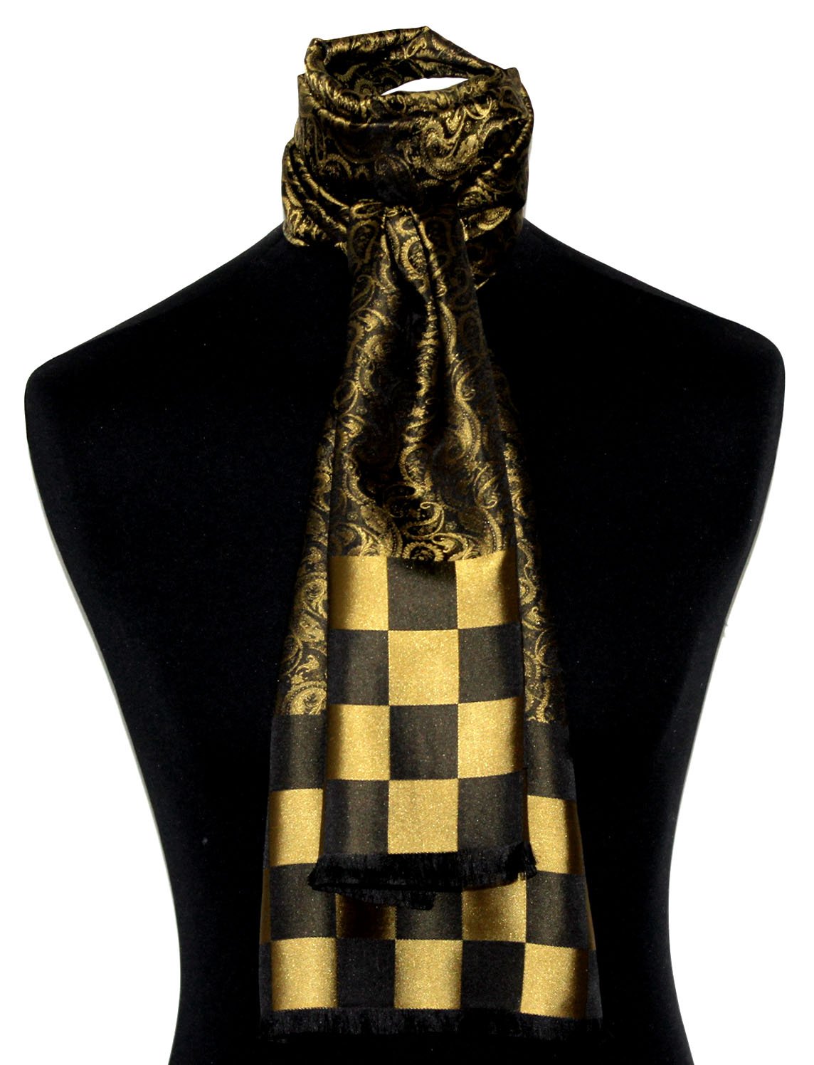 Lorenzo Cana Luxus Damen Schal aus 100% Seide aufwändig jacquard gewebt Damast Seidenschal Seidentuch Tuch 25 x 160 cm Schwarz Gold Karo 89214