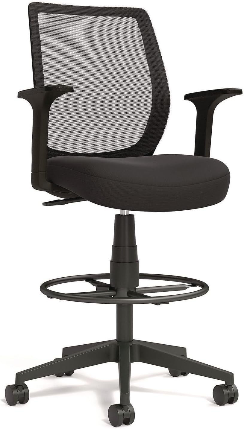 Alera Wessex Drafting Stool, Mesh Back Drafting Chair, Adjustable Seat Height, Foot Rest Ring, Supports Up to 275 lb, Black
