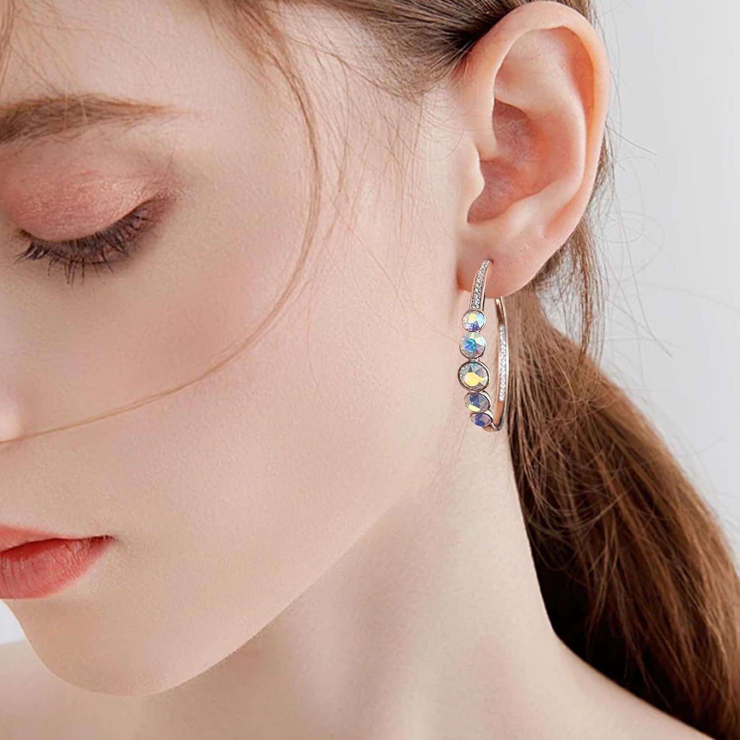 EVEVIC Austrian Crystal Half Hoop Earrings for Women Trendy 14K Rose Gold Plated Large Hoops Earring Jewelry Gift - Image 2