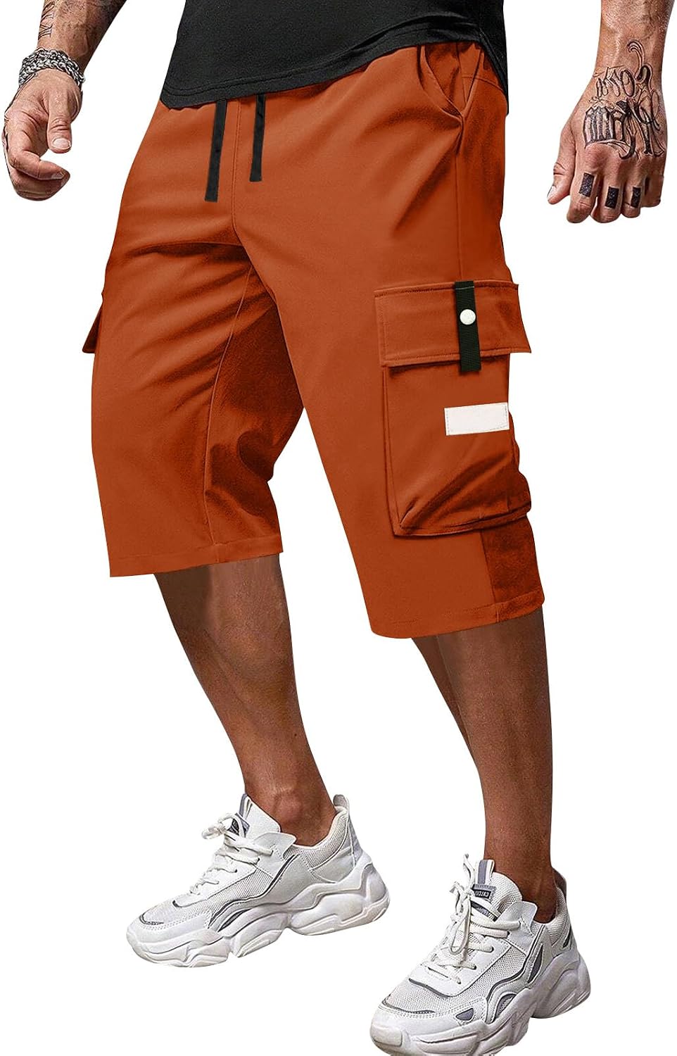 Men's Knee Length Cargo Shorts Elastic Waist Streetwear Shorts with Large Cargo Pockets & Drawstring