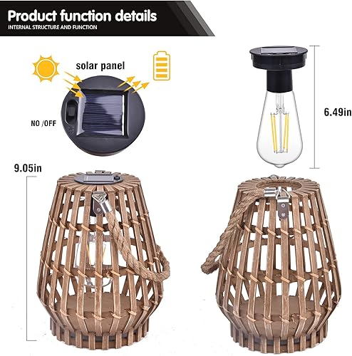 Miniatura 3 de Farol solar para exteriores, lámparas de bambú para patio, impermeables, linternas solares de ratán, linterna natural de encendido automático,